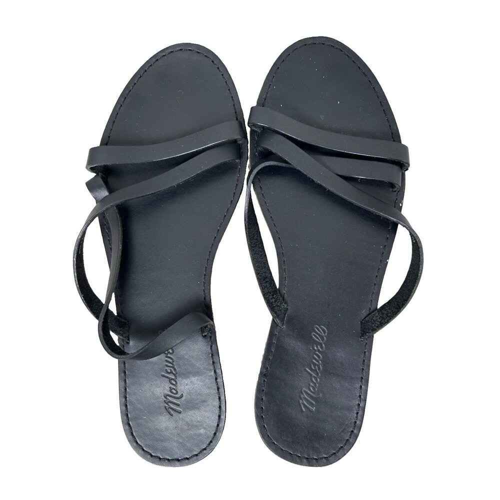Madewell Boardwalk Black leather thin straps slip-on flat Sandals Womens Sz 9